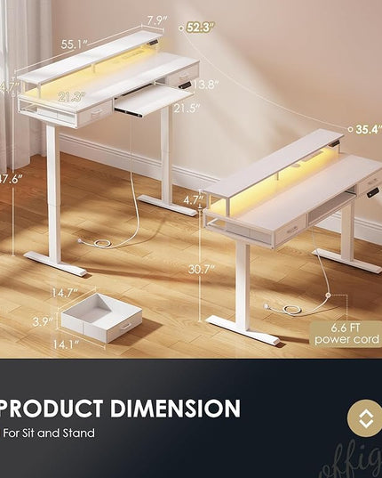 OffiGo Electric Standing Desk with Drawers & Keyboard Tray, 55 Inch Height Adjustable Desk with Power Outlets & LED Lights, Sit Stand Table with Monitor Stand for Home, Office, White