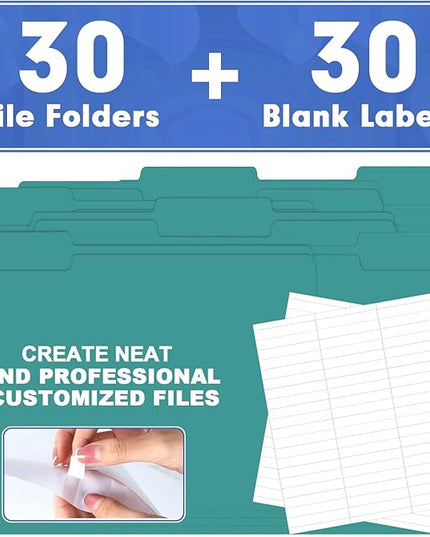 File Folder, HERKKA 30 Pack 1/3 Cut Tab File Folders, File Folders Great for Organizing and Filing, Letter Size, Turquoise