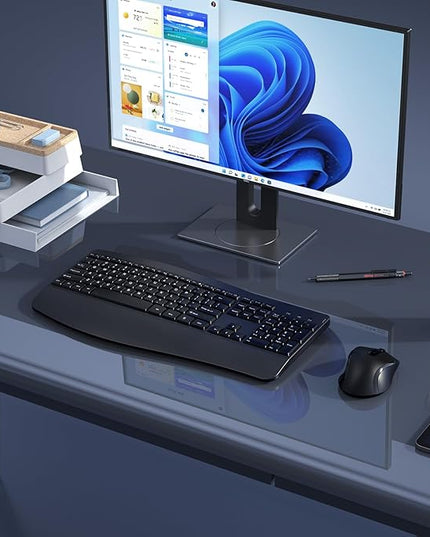 Ergonomic Keyboard and Mouse Combo, Full Size Cordless Computer Keyboard with Palm Wrist Rest Ergonomic Mouse for Windows Computers Laptops - Black
