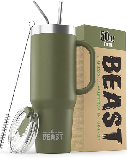 Beast 50 oz Tumbler with Handle Stainless Steel Vacuum Insulated Coffee Ice Cup Double Wall Travel Flask (Army Green)