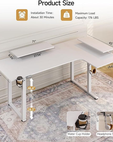 L Shaped Standing Desk, 71x43'' Electric L Stand Up Desk with 2 Adjustable Monitor Shelves, Dual Motor and Memory Controller, Adjustable Height from 28-46'' for Home and Computer Workstation, White