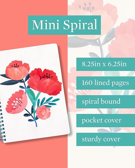 Steel Mill & Co Cute Mini Spiral Notebook, 8.25" x 6.25" Journal with Durable Hardcover and 160 Lined Pages (Poppy Boquet)
