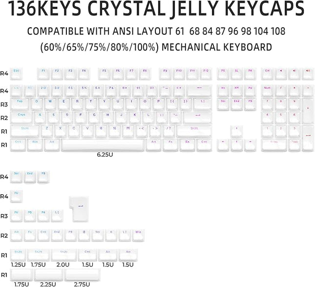 XVX Jelly Keycaps, Ceramic Style Keyboard Keycaps, White Shine Through Keycap Set OEM Profile Compatible with 61/68/84/87/98/100 ANSI and ISO Layout MX Switches Mechanical Keyboard