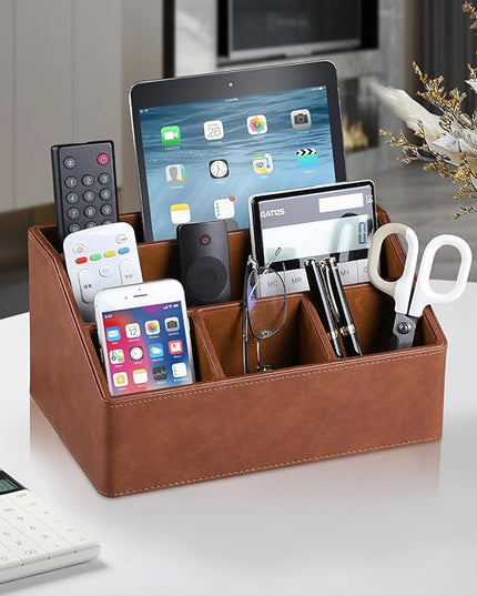 MEIBOOCH PU Leather Desk Organizer, Luxury Remote Control Holder for Home, Office Desk Accessories Table Caddy Bedside Nightstand Organizer (Brown)