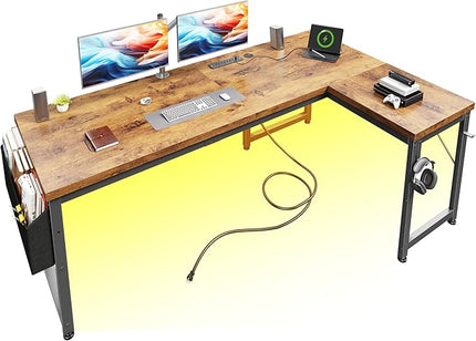 L Shaped Desk with 0.95 Inch Thicker Desktop & Storage Bag, Computer Desk with Power Outlets & Lights, Reversible Gaming Desk for Home Office, Corner Desk, Study Room, Living, Bedroom, Brown