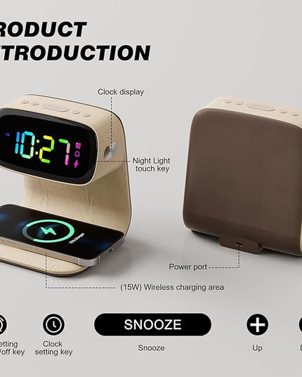 Digital Alarm Clock with Wireless Fast Charging Station 15W Touch Smart Lamp for Bedside,3 Colors Nightlight Adjustment Night Lamp for Living Room,Bedside,Heavy Sleepers (Woodgrain+Cable&Adapter)