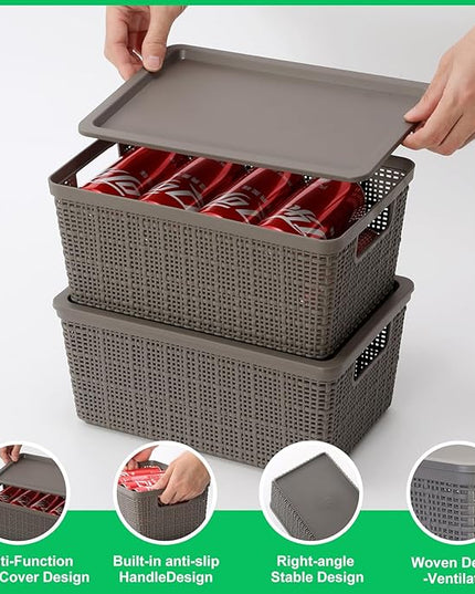 6 Pack Plastic Storage Baskets With Lids,Grey Breathable Stackable Storage Bins,Small Storage Containers,for Organizing Storage Baskets on Desktops,Closets,Playrooms,Classrooms,Offices