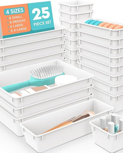 WOWBOX 25 PCS Plastic Drawer Organizer Set, 4 Sizes Desk Drawer Divider Organizers and Storage Bins for Makeup, Jewelry, Gadgets for Kitchen, Bedroom, Bathroom, Office, White