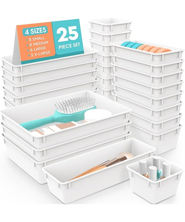 WOWBOX 25 PCS Plastic Drawer Organizer Set, 4 Sizes Desk Drawer Divider Organizers and Storage Bins for Makeup, Jewelry, Gadgets for Kitchen, Bedroom, Bathroom, Office, White