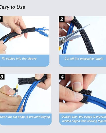 CrocSee 25ft - 1/4 inch Braided Cable Management Sleeve Cord Protector - Self-Wrapping Split Wire Loom for TV/Computer/Home Theater/Engine Bay - Black