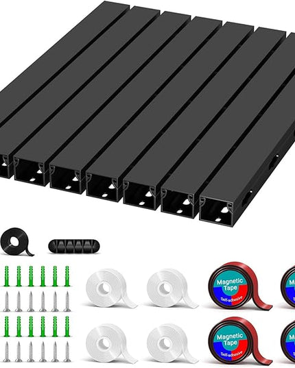 Cable Raceway - Magnetic Cable Management Under Desk with Upgraded Aesthetic Large Hole, Cord Organizer Kit for Hiding Computer, Gaming Desk, Network, Power Cord, TV - 8PCS 8x15.7in Black