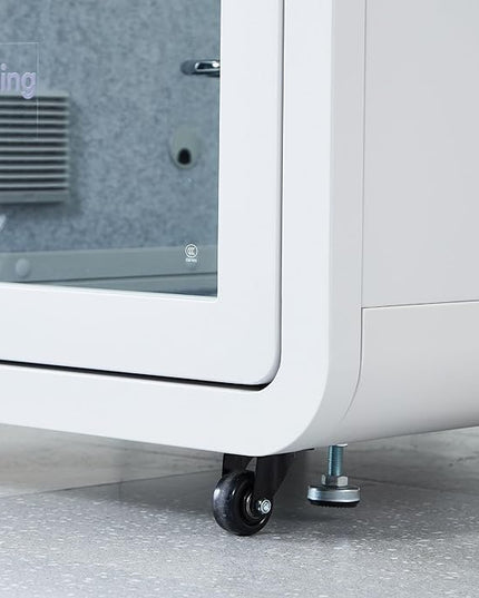 Mobile Office Pod Booth, Solo Soundproof Pod with High-Density Acoustic Panels, Premium Sound Pod with Silent Ventilation, Wheels and Feet, Build-in Table, LED Lighting System, USB Ports (White-Grey)