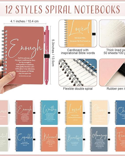 Kosiz Inspirational Valentines Christian Gifts Bulk A6 Notebook Prayer Journal with Pens Spiral Journal Religious Gift for Women Men Church Bible Study Group Teacher Coworker(12 Sets,Bright Color)