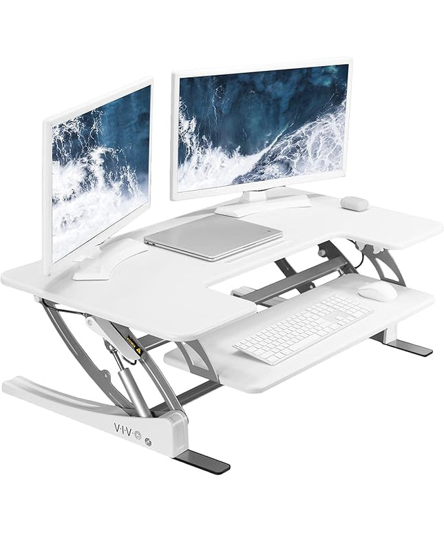 VIVO 42 inch Height Adjustable Stand Up Desk Converter, V Series, Quick Sit to Stand Tabletop Dual Monitor Riser Workstation, White, DESK-V000VLW