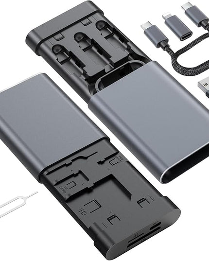 Data Hub, Travel Rated Multi-Card Reader, and 65W 3-in-1 Charging Cable, Nano-Sim-TF-SD, Card Storage, Lighting, USB-C, USB-A Connectors, iOS/Win/Mac/Android, Compact Aluminum Case, No Loose Wires.