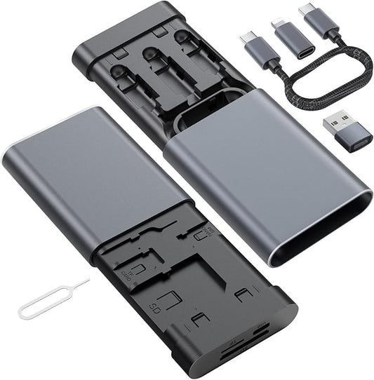 Data Hub, Travel Rated Multi-Card Reader, and 65W 3-in-1 Charging Cable, Nano-Sim-TF-SD, Card Storage, Lighting, USB-C, USB-A Connectors, iOS/Win/Mac/Android, Compact Aluminum Case, No Loose Wires.