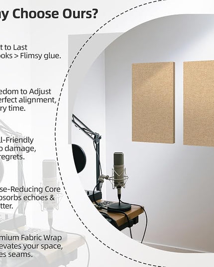 Art3dwallpanels 8 PCS Acoustic Panels, 24''x12'' Fabric Soundproof Wall Panels, Easy-Hook Mounting Sound Absorbing Panels for Studios, Office, Home Theater, Camel
