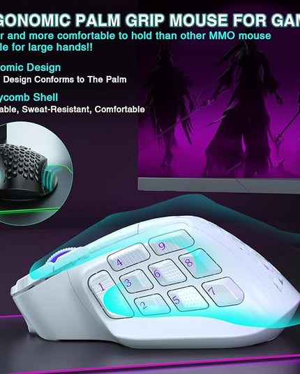 SOLAKAKA SM809 Pro Gaming Mouse with 9 Side Buttons,24000 DPI RGB Mouse for Gamer,16 Programmable Macros MMO Mouse,White