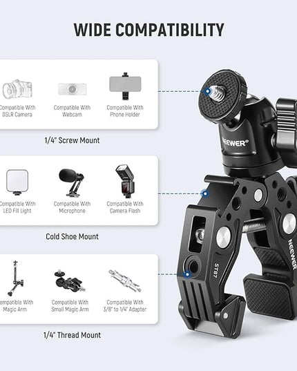 Neewer Super Clamp with Ballhead, Cold Shoe, Phone Holder and Action Camera Mount Adapter for Flat/Round Surface Compatible with GoPro DJI iPhone 15 Pro Max, ST87