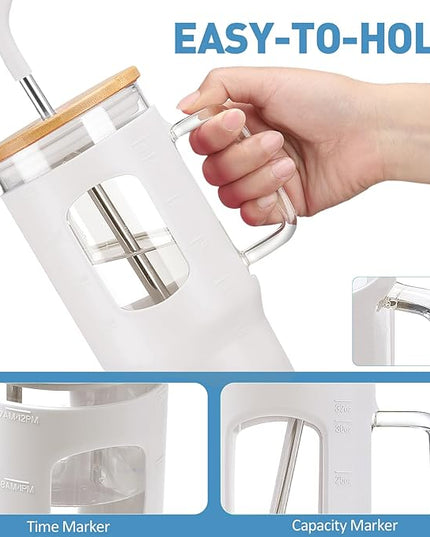 Glass Tumbler with Straw and Lid, 32 oz Glass Cup with Handle, Glass Water Bottles with Time Marker, Silicone Protective Sleeve - White