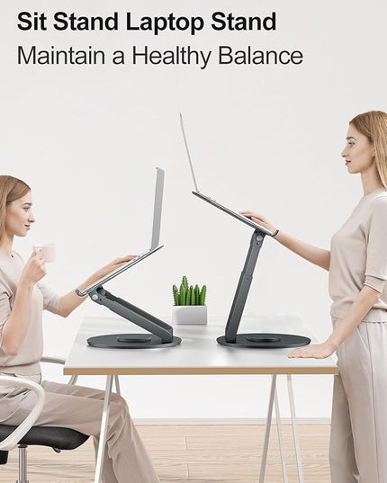 tounee Telescopic Laptop Stand for Desk with 360° Swivel Base, Sit to Stand, Height Adjustable, Portable Riser Holder for Good Posture, Compatible with MacBook Pro, All Laptops 10-17"-Gray