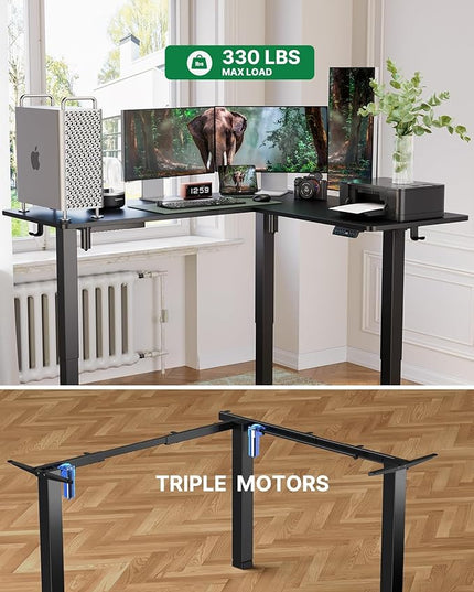 Marsail 63×55 in Electric Corner L-Shaped Standing Desk with 4-in 1 Electical Outlet, Computer Desk with Headphone Hook, Memory Sit Stand up Home Office Table, Ergonomic Gaming Table,Black