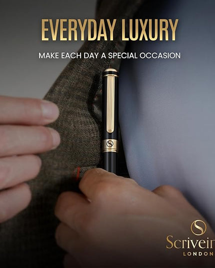 Scriveiner Luxury Fountain Pen - Stunning Black Lacquer Pen, Real Gold Finish, Schmidt Gilded Nib (Extra Fine), Converter, Best Pen Gift Set for Men & Women, Professional, Executive, Office, Nice Pens
