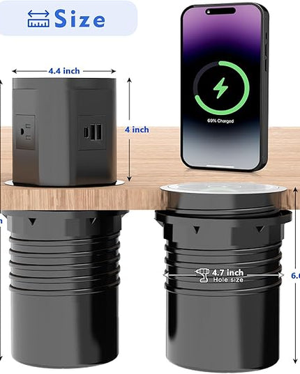 Pop Up Outlet for Countertop with 15w Wireless Charger, 4.7-Inch Pop Up Outlet with 4 Outlets and 2 USB-A, 1 USB-C, Pop Up Power Outlet for Kitchen Countertop, Conference Room, Study Room (Black)