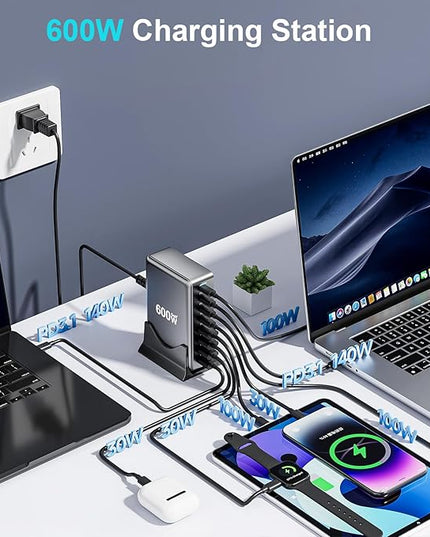 600W Fast USB C GaN Ⅲ Pro Charger Block,8 Port Charging Station,Dual 140W PD3.1 PPS Fast Charging Station for Multiple Devices Laptop Wall Charger Compatible with MacBook/iPhone 16/iPad etc