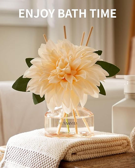 Saussavita Reed Diffuser Set for Home, 7.1 fl oz / 210 ml - Tangerine Scent Diffuser with Sticks Home Fragrance Flower Reed Diffuser with Plastic Flowers for Bathroom Shelf Décor