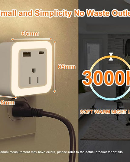 JackonLux Night Lights Plug Into Wall 2 Pack Rechargeable Battery Backup Light Dusk to Dawn Sensor Night Light with Outlet Expander for Adults Kids Bedroom, Kitchen, and Bathroom (Soft White - 3000K)