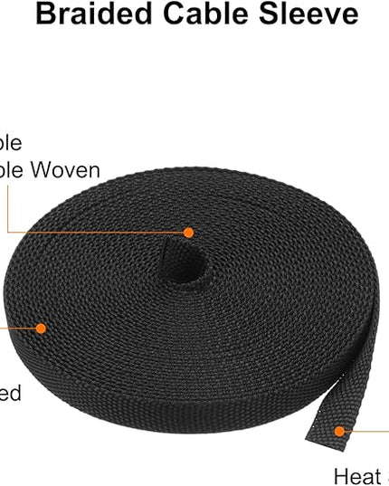 MECCANIXITY Braided Cable Sleeves Heat Shrinkable Fabric Sleeving, 5/16" 26ft Black 2:1 Ratio Heat Shrinkable Cord Protector for Harness Cable, Network Cable Protection, Cable Management