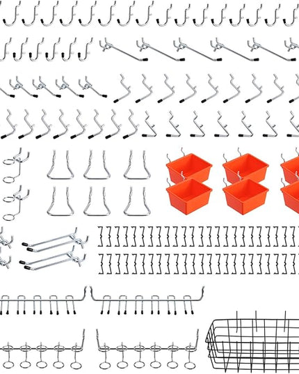 Pegboard Organizer Accessories Kit 155 PCS, Peg Board Hooks Assortment with Bins, Baskets for 1/4 inch Pegboard Wall Organizer, Garage Organization, Workbench, Craft Room, Hanging Tools