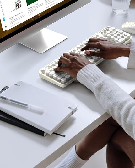 MOFII Wireless Keyboard and Mouse Combo, Computer Full Size 2.4G Plug and Play Wireless Typewriter Retro Round Keyboard and Mouse Set for Windows, Computer, Desktop, PC, Notebook - (Off White)