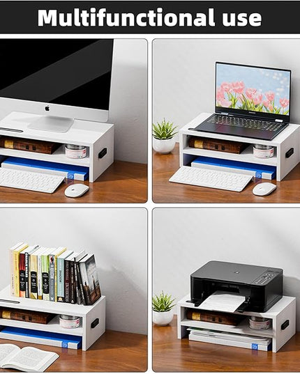 Marbrasse Monitor Stand Riser, 16.5 Inch 2 Tier Computer Printer Shelf Stand for Laptop Computer Screen Storage, Desktop Stand with Phone Holder and Cable Management (White)
