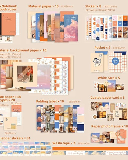 emmoolife 348 Pcs Scrapbooking Supplies Kit, Vintage Aesthetic Scrapbook Kit for Bullet Junk Journal, Stationery, A6 Grid Notebook, DIY Journaling Supplies, Birthday Craft Gift for Teen Girl Women