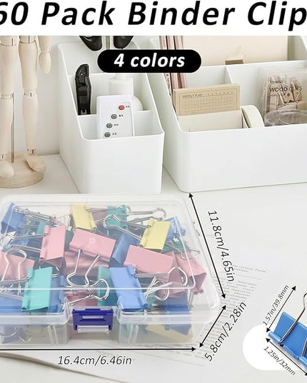60 Pack Binder Clips Medium, 1.25 Inch/32mm Colored Binder Paper Clips with Container, Paper Clamps for Office Supplies, Home, School,Business Document Organizing (Blue, Pink, Yellow, Green)