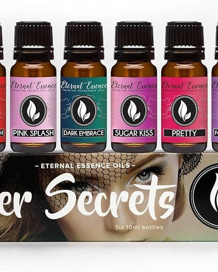 Eternal Essence Oils Her Secrets Set of 6 Premium Fragrance Oils - Includes Pretty, Dark Embrace, Forever Yours, Secret Crush, Pink Splash, and Sugar Kiss Scents Scented Oils - 10ML