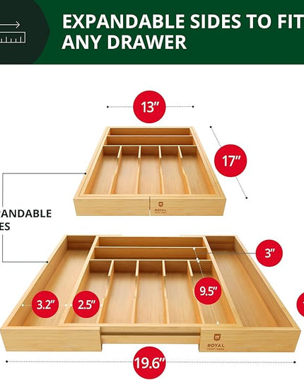 ROYAL CRAFT WOOD Luxury Bamboo Kitchen Drawer Organizer - Silverware Organizer, Utensil Holder & Cutlery Tray Drawer Dividers for Flatware (9 Slot, Natural)
