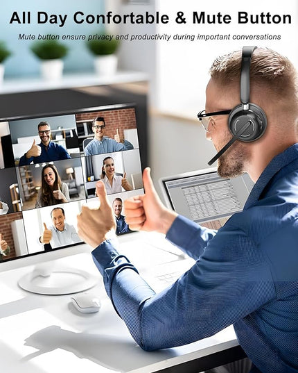 Blue Air Wireless Headphones with Microphone, Bluetooth Headset with Noise Cancelling Mic & USB Dongle & Mic Mute, 40H Playtime, Powerful Sound, for Work Meetings Calls Computer Laptop PC Phone