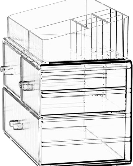 ZHIAI Stackable Cosmetic Organizer, Acrylic Cosmetic Organizer for Dresser, Vanity, Kitchen Cabinet, Bathroom, Under Sink, Home Organization and Storage (1 Top 3 Drawers)