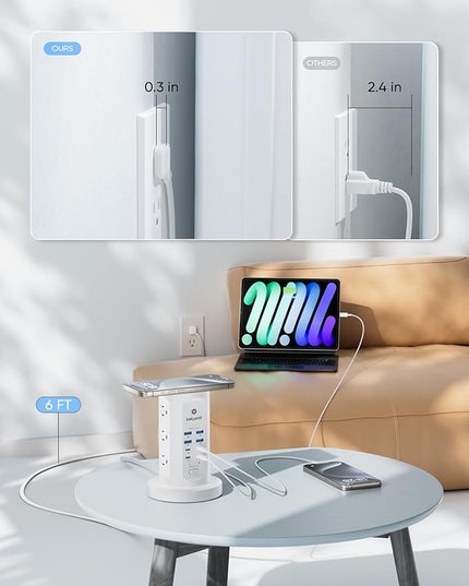 115W USB Charging Station, Surge Protector Power Strip Tower, 9 AC Outlets with 8 USB Ports(4 USB-C), 6Ft Flat Plug Retractable Extension Cord, for Home Office Dorm, White