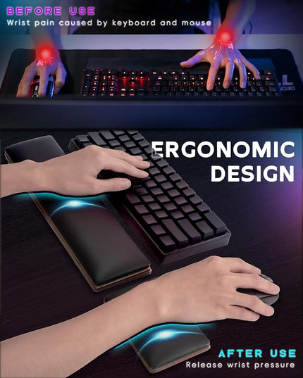 ASFSKY RGB Keyboard and Mouse Wrist Rest Set – Ergonomic Wooden Wrist Support Pad with PU Leather & Memory Foam, Anti-Slip Rubber Base Wrist Cushion for Gaming, Office & Typing Pain Relief