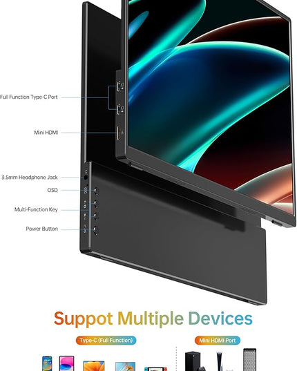 MNN Portable Monitor 14 inch FHD 1920 * 1200P USB C HDMI Ultra-Slim IPS Travel Display w/Speakers, HDR Plug&Play, External Monitor for Laptop PC, Phone,Mac(400cd/m² Brightness)