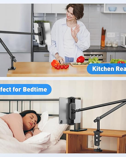 AboveTEK Tablet Stand Holder for Desk & Bed, Aluminum iPad Holder Arm with 360° Rotating Clamp, Adjustable Phone Stand Compatible with 4.7"-13.5" iPad Pro/Air/Mini, iPhone, Galaxy Tab- Black