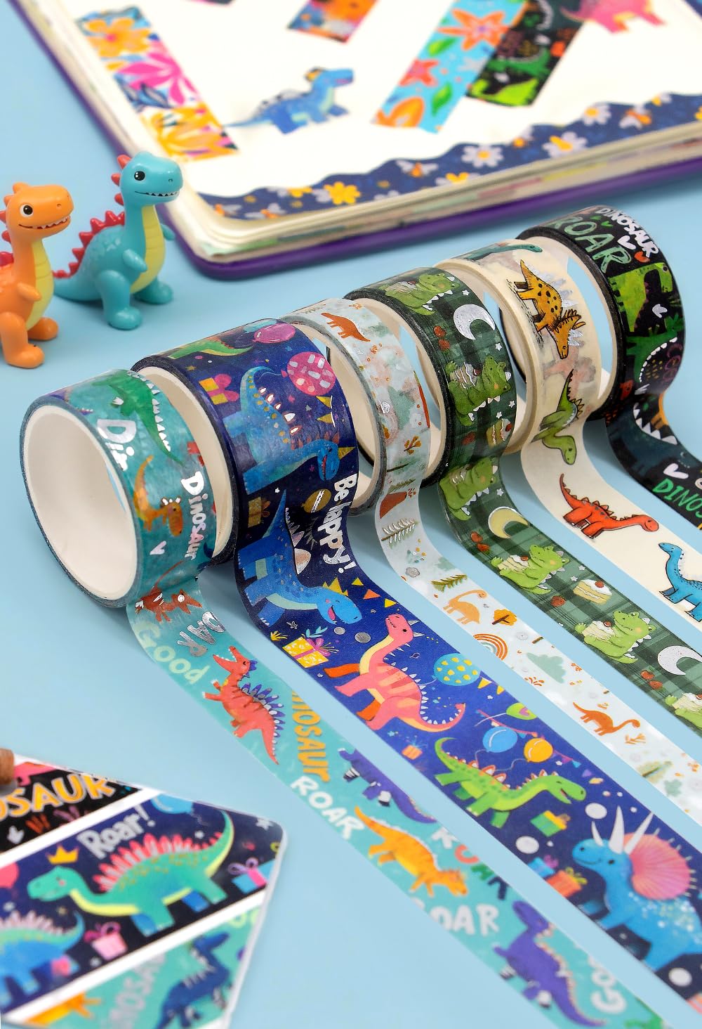NANYNNU Dinosaur Washi Tape Set, 13 Rolls Silver Foil Cute Washi Tapes, Kawaii Floral Decorative Masking Tape for Journaling Supplies, Scrapbooking, Bullet Journal, Planner Decoration, DIY Crafts