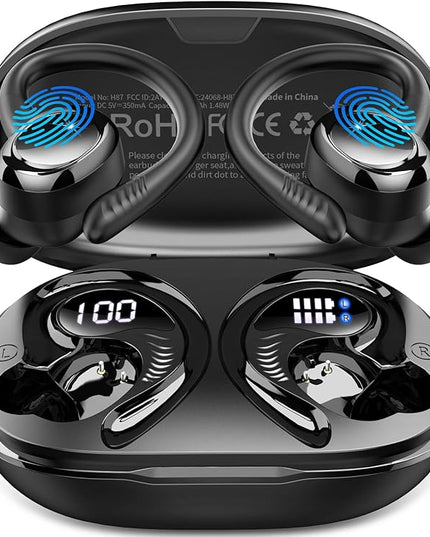Wireless Earbuds Sport, New Bluetooth 5.4 Headphones with Earhooks, 50H Stereo Deep Bass Over Ear Buds with 4 ENC Noise Canceling Mics, IP7 Waterproof Earphones for Running Workout Gym -Black
