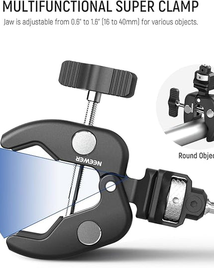 NEEWER Double Super Clamp Camera Mount with Magic Arm, NATO Interface, Cold Shoes, 1/4" Locating Holes for ARRI, Desk Studio Photography Light Stand Pole Cross Bar Umbrella Holder Clamp Mount, UA060