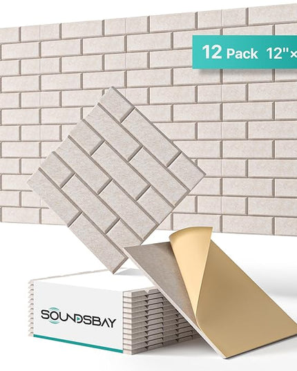 Soundsbay Acoustic Wall Panels, Self Adhesive Acoustic Panels, 12 Pack Brick Soundproof Wall Panels High Density Sound Panels for Walls, Office,Reccording Studio, Ceiling 12" X 12" X 0.4" Beige
