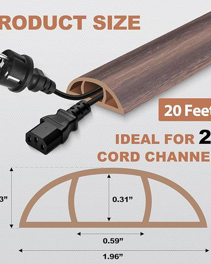 Floor Cord Cover for Wires on Floor Self Adhesive Cord Hider Floor Cable Management Wire Covers for Cords Protector Prevent Cable Trips Cord Cavity W 0.59" x H 0.31", Grayish Brown Wood, 20Ft